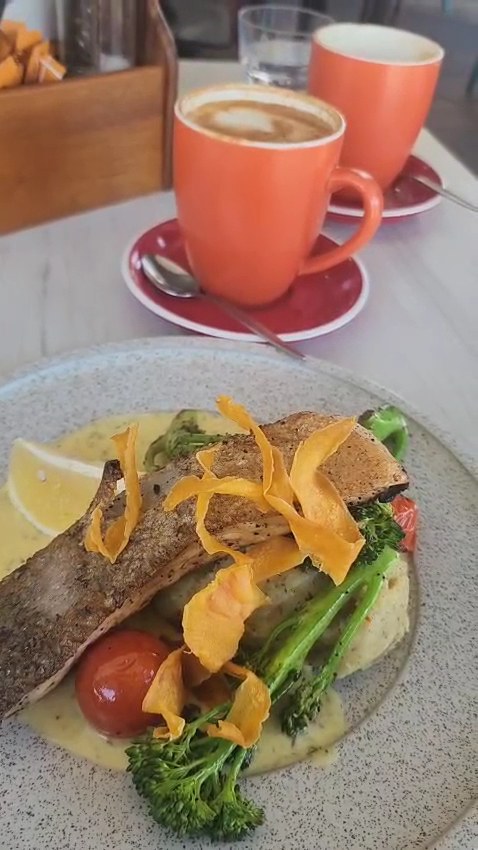 Pan fried barramundi and a coffee at Union Kitchen
